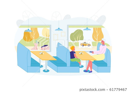 Grandma with Grandson Calling for Taxi after Lunch 61779467