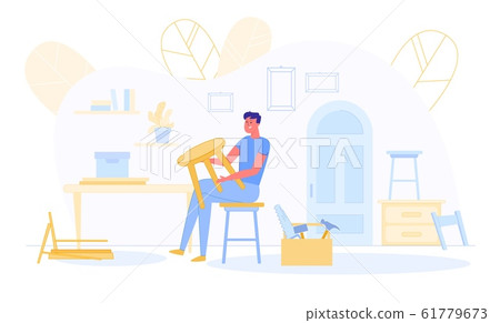 Young Man Carpenter Wood Carver Make Wooden Stool. 61779673