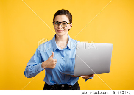 Glad businesswoman thumbs up. Good job and increase concept. Glad businesswoman thumbs up. Good job and increase concept. 61780182