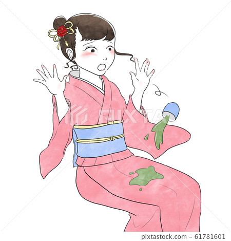 一個穿著和服的女人灑了茶，被震驚了（面向右） 61781601