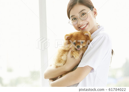 Young woman doing a small dog examination 61784022
