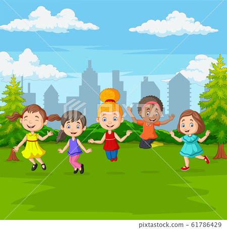 Happy children jumping in green city park Happy children jumping in green city park 61786429