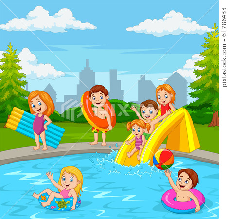 插图素材: cartoon happy family playing in swimming pool
