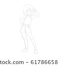 vector illustration of a cute girl in V-sign poses, line art 61786658