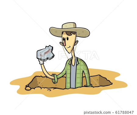 Treasure hunter with an artefact in his hand. Young archaeologist stranding in excavation pit with his finding. Flat vector illustration isolated on white background. 61788047