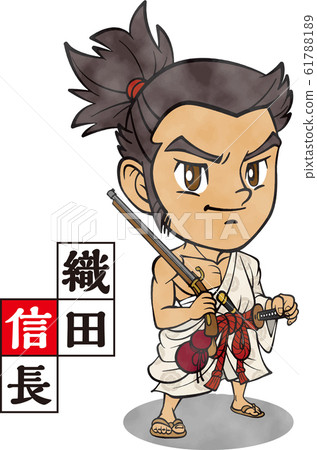 Oda Nobunaga, with his upper body exposed and carrying a watercolor-like gun [2 heads, vector] 61788189