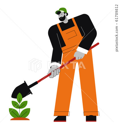 Gardener with spade planting tree or vegetable, isolated character Gardener with spade planting tree or vegetable, isolated character 61789812