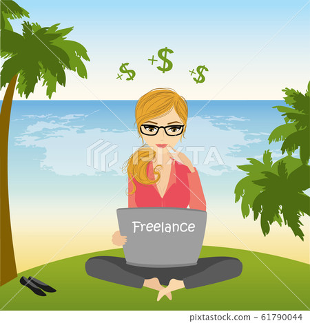 Freelancer sitting on the beach in lotus pose and 61790044