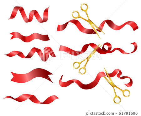 Gold scissors cutting red ribbons for opening ceremony collection 61791690