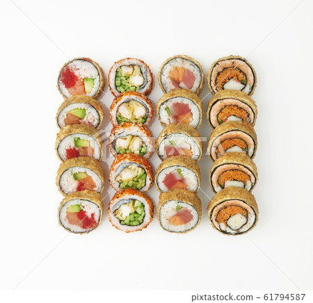 Japanese food sushi roll set isolated on white background. Top view, flat lay 61794587
