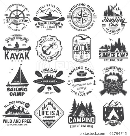 Summer camp, hunting club, sailing camp, yacht club, canoe and kayak club badges. Vector. Concept for shirt or logo, print, stamp. Design with camper, kayaker, hunter, sailing camp silhouette 61794745