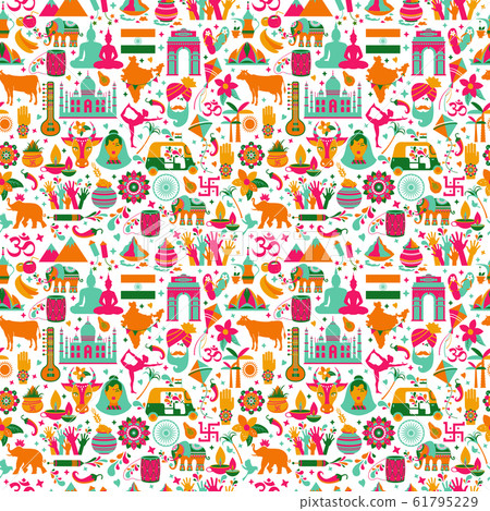 Traditional symbols of India seamless pattern on white background. 61795229