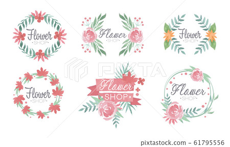 Flower Shop Logo Templates Set, Florist Boutique Badges of Pink Colors Vector Illustration 61795556