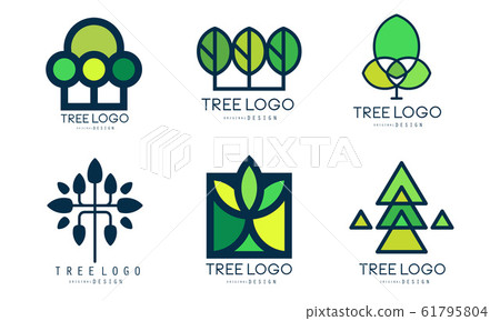 Tree Logo Templates Collection, Green Lined Badges Vector Illustration 61795804