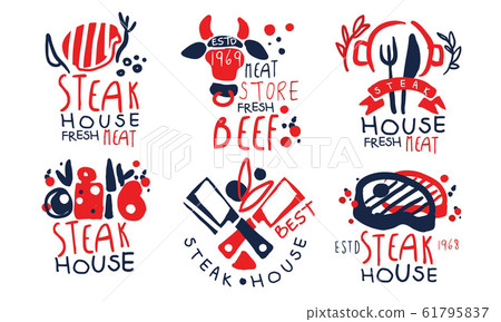 Steak House Premium Quality Labels Collection, Fresh Meat Store Retro Hand Drawn Badges Vector Illustration 61795837
