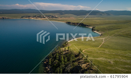 View of Hills and Mountains on Olhon Island, Lake Baikal, Russia, Aerial View of Hills and Mountains on Olhon Island, Lake Baikal, Russia, Aerial 61795904