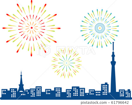 東京鐵塔，天空樹和煙火（彩色） 61796642