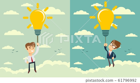 Happy businessman holding idea bulbs as balloon flying pass another businessman climbing a ladder Happy businessman holding idea bulbs as balloon flying pass another businessman climbing a ladder 61796992