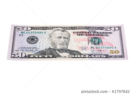 Fifty dollar banknote isolated on white, stacked photo. 61797682