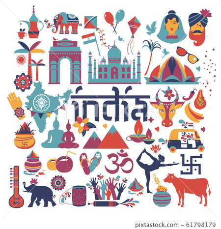 India set Asia country vector Indian architecture Asian traditions buddhism travel isolated icons and symbols. India set Asia country vector Indian architecture Asian traditions buddhism travel isolated icons and symbols. 61798179
