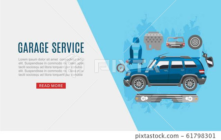 Garage auto service and car spares top view web vector template illustration. Auto diagnostics test service, protection insurance shop. Garage auto cars service. 61798301