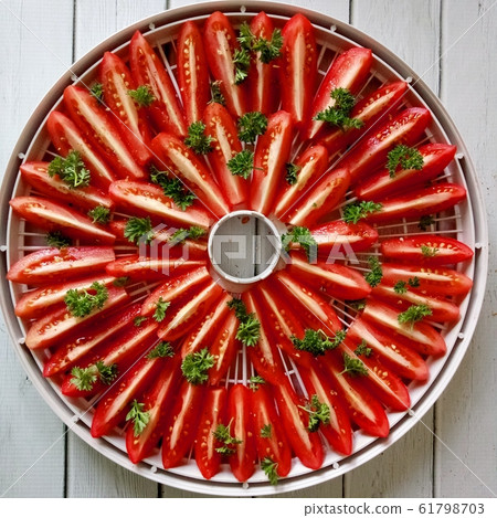 Fresh tomato on food dehydrator tray, ready to dry with salt, parsley, spices on the white wooden background. top view Fresh tomato on food dehydrator tray, ready to dry with salt, parsley, spices on the white wooden background. top view 61798703