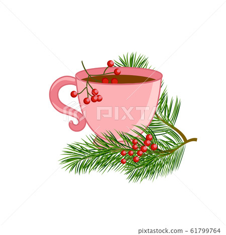 A cup of tea with pine branches and red rowan. Vector illustration 61799764