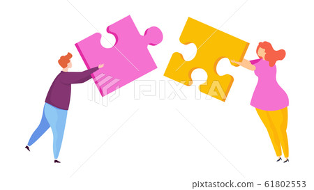 Tiny people assemble a puzzle. Metaphor of teamwork. 61802553