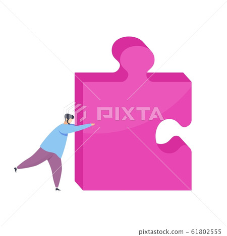 Tiny man pushes a huge piece of the puzzle. Tiny man pushes a huge piece of the puzzle. 61802555