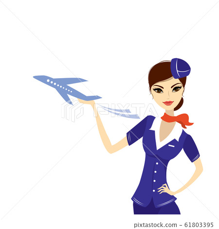 Young beautiful hostess and airplane, isolated on Young beautiful hostess and airplane, isolated on 61803395