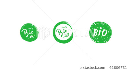 Set of bio 100 percent tree leaf handwritten green brush circle badge. Design element for packaging design and promotional material. Vector illustration. Set of bio 100 percent tree leaf handwritten green brush circle badge. Design element for packaging design and promotional material. Vector illustration. 61806781