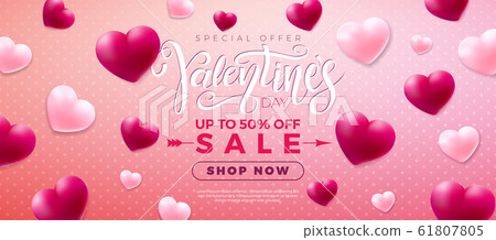 Valentines day sale design with red and white heart on pink background. Vector special offer illustration for coupon, banner, voucher or promotional poster. 61807805