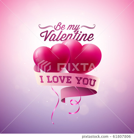 Happy Valentines Day Design with Red Heart Balloons on Shiny Violet Background. Vector Wedding and Love Theme Illustration for Holiday Greeting Card, Party Invitation or Promo Banner. 61807806