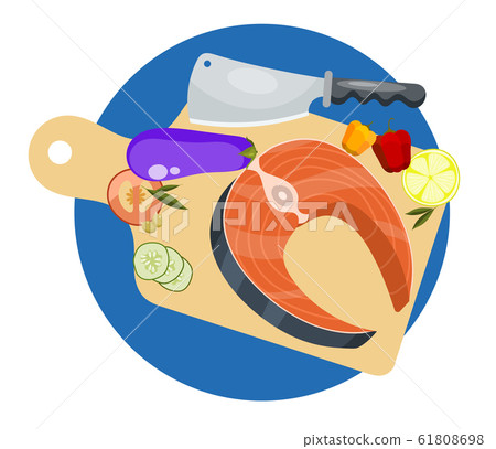 Salmon recipe cooking concept. Fresh fish steak vegetables and knife vector illustration. Salmonids fish fillets, trout with herbs and lemon 61808698