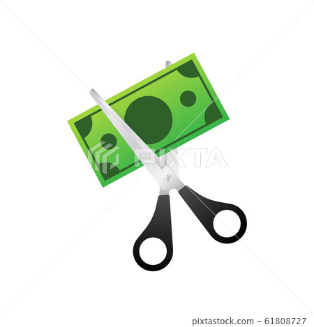 Scissors cutting money bill in flat style. Price, Scissors cutting money bill in flat style. Price, 61808727