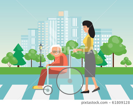 Helping to disabled people on cross road. Assistance to old on wheelchair vector illustration. Woman helps to elderly on wheelchairs to cross road. 61809128