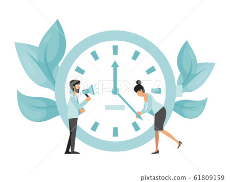 Deadline working people with big clock concept. Business woman try to stop clock arrows, man with megaphone stand. Deadline term delay problem Deadline working people with big clock concept. Business woman try to stop clock arrows, man with megaphone stand. Deadline term delay problem 61809159