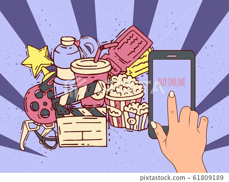 Phones app for online buying and booking cinematography and movie tickets. Vector illustration of popcorn, cinema reel, clapperboard and smartphone in hand 61809189
