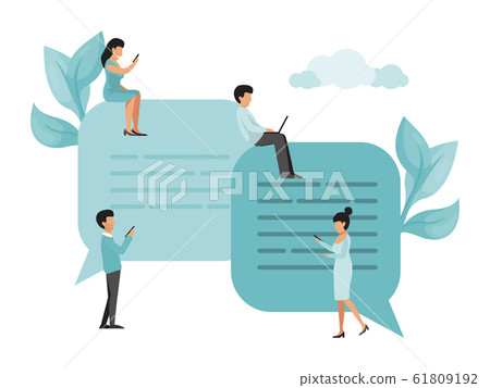 People use smartphones and laptops for chatting in social media. Men and women sitting on big speech bubbles and chatting vector illustration. 61809192