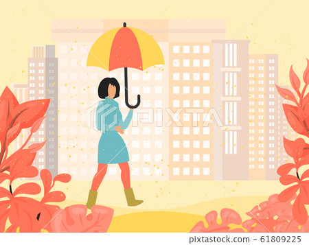 Autumn foliage park girl with umbrella vector illustration. Woman outdoor in fall garden under umbrella. Female walking in the fallen rain in coat 61809225