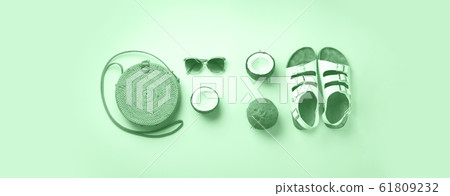 Stylish rattan bag, coconut, birkenstocks, palm branches, sunglasses on mint color background. Top view with copy space. Trendy bamboo bag and white shoes. Summer fashion flat lay 61809232