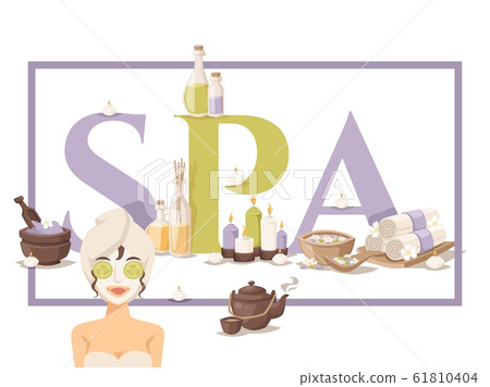 Spa salon poster, vector illustration. Beauty center promotion campaign, brochure cover, booklet template. Spa center accessories for relaxing atmosphere, candles, aroma oils 61810404