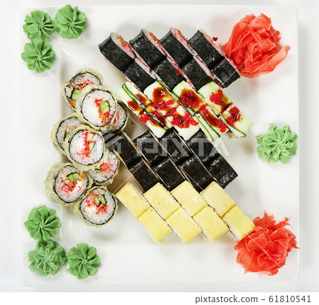 Asian food, fast food. Sushi set top view. Asian food, fast food. Sushi set top view. 61810541