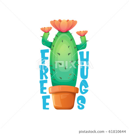 Free hugs text and cartoon green cactus in pot white on violet background. funny houseplant icon with quote or slogan for print on tee. International free hugs day concept 61810644