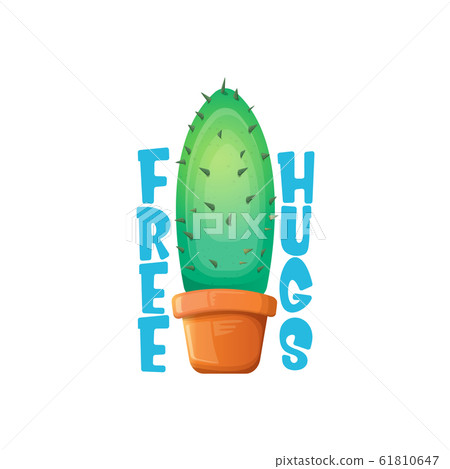 Free hugs text and cartoon green cactus in pot white on violet background. funny houseplant icon with quote or slogan for print on tee. International free hugs day concept 61810647