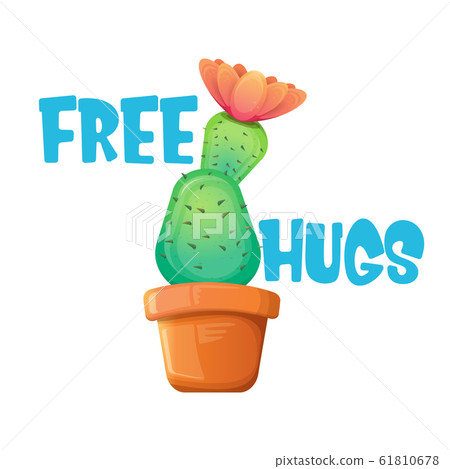 Free hugs text and cartoon green cactus in pot white on violet background. funny houseplant icon with quote or slogan for print on tee. International free hugs day concept 61810678
