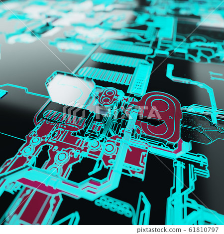 Circuit board futuristic server code processing. Neon color technology background. 3d rendering Circuit board futuristic server code processing. Neon color technology background. 3d rendering 61810797