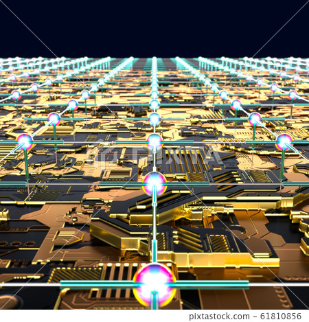 Circuit board futuristic server code processing. Angled view multicolor technology black background. 3d 61810856