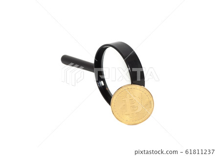 Magnifier glass with golden bitcoin coin isolated 61811237