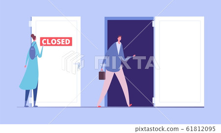 Woman discrimination concept. Business discrimination, male and female flat characters. Closed and opened door, social inequality vector illustration 61812095